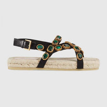 Load image into Gallery viewer, Gucci Women Grosgrain Espadrille Sandal with Crystals 3 cm Platform-Green