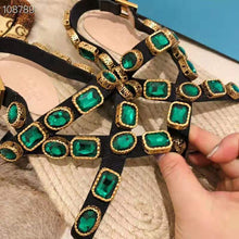 Load image into Gallery viewer, Gucci Women Grosgrain Espadrille Sandal with Crystals 3 cm Platform-Green