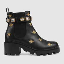 Load image into Gallery viewer, Gucci Women Gucci Embroidered Leather Ankle Boot with Belt in Black leather 6 cm Heel