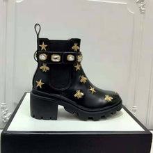 Load image into Gallery viewer, Gucci Women Gucci Embroidered Leather Ankle Boot with Belt in Black leather 6 cm Heel