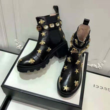 Load image into Gallery viewer, Gucci Women Gucci Embroidered Leather Ankle Boot with Belt in Black leather 6 cm Heel