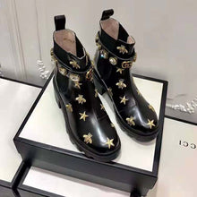 Load image into Gallery viewer, Gucci Women Gucci Embroidered Leather Ankle Boot with Belt in Black leather 6 cm Heel
