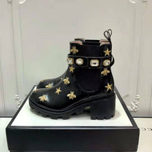 Load image into Gallery viewer, Gucci Women Gucci Embroidered Leather Ankle Boot with Belt in Black leather 6 cm Heel