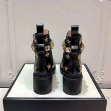 Load image into Gallery viewer, Gucci Women Gucci Embroidered Leather Ankle Boot with Belt in Black leather 6 cm Heel