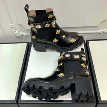 Load image into Gallery viewer, Gucci Women Gucci Embroidered Leather Ankle Boot with Belt in Black leather 6 cm Heel
