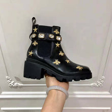 Load image into Gallery viewer, Gucci Women Gucci Embroidered Leather Ankle Boot with Belt in Black leather 6 cm Heel