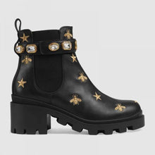 Load image into Gallery viewer, Gucci Women Gucci Embroidered Leather Ankle Boot with Belt in Black leather 6 cm Heel