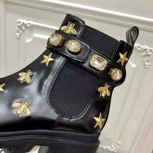 Load image into Gallery viewer, Gucci Women Gucci Embroidered Leather Ankle Boot with Belt in Black leather 6 cm Heel
