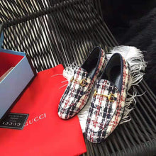 Load image into Gallery viewer, Gucci Women Gucci Jordaan Tweed Check Loafer-Navy