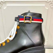 Load image into Gallery viewer, Gucci Women Gucci Leather Ankle Boot with Sylvie Web in Black Leather 2.5 cm Heel