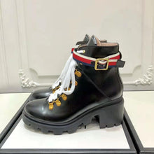 Load image into Gallery viewer, Gucci Women Gucci Leather Ankle Boot with Sylvie Web in Black Leather 2.5 cm Heel