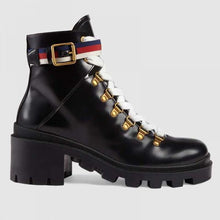Load image into Gallery viewer, Gucci Women Gucci Leather Ankle Boot with Sylvie Web in Black Leather 2.5 cm Heel