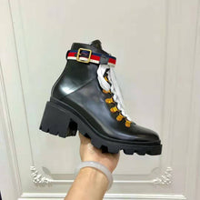 Load image into Gallery viewer, Gucci Women Gucci Leather Ankle Boot with Sylvie Web in Black Leather 2.5 cm Heel