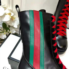 Load image into Gallery viewer, Gucci Women Gucci Leather Ankle Boot with Web in Black Shiny Leather 4.8 cm Heel