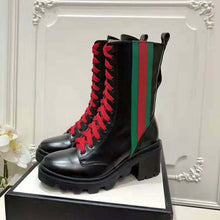 Load image into Gallery viewer, Gucci Women Gucci Leather Ankle Boot with Web in Black Shiny Leather 4.8 cm Heel