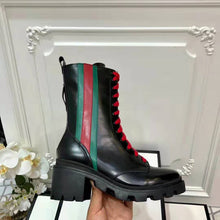 Load image into Gallery viewer, Gucci Women Gucci Leather Ankle Boot with Web in Black Shiny Leather 4.8 cm Heel