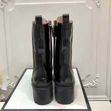 Load image into Gallery viewer, Gucci Women Gucci Leather Ankle Boot with Web in Black Shiny Leather 4.8 cm Heel