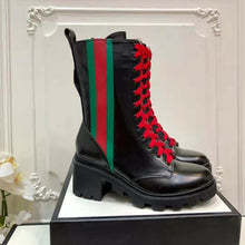 Load image into Gallery viewer, Gucci Women Gucci Leather Ankle Boot with Web in Black Shiny Leather 4.8 cm Heel
