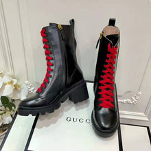 Load image into Gallery viewer, Gucci Women Gucci Leather Ankle Boot with Web in Black Shiny Leather 4.8 cm Heel