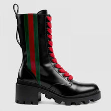 Load image into Gallery viewer, Gucci Women Gucci Leather Ankle Boot with Web in Black Shiny Leather 4.8 cm Heel
