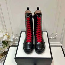 Load image into Gallery viewer, Gucci Women Gucci Leather Ankle Boot with Web in Black Shiny Leather 4.8 cm Heel