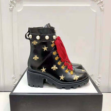 Load image into Gallery viewer, Gucci Women Gucci Leather Embroidered Ankle Boot in Black Leather 8.9 cm-Red