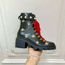 Load image into Gallery viewer, Gucci Women Gucci Leather Embroidered Ankle Boot in Black Leather 8.9 cm-Red