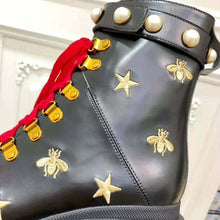 Load image into Gallery viewer, Gucci Women Gucci Leather Embroidered Ankle Boot in Black Leather 8.9 cm-Red