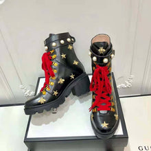 Load image into Gallery viewer, Gucci Women Gucci Leather Embroidered Ankle Boot in Black Leather 8.9 cm-Red