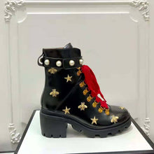 Load image into Gallery viewer, Gucci Women Gucci Leather Embroidered Ankle Boot in Black Leather 8.9 cm-Red
