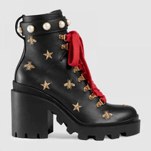 Load image into Gallery viewer, Gucci Women Gucci Leather Embroidered Ankle Boot in Black Leather 8.9 cm-Red