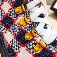 Load image into Gallery viewer, Gucci Women Gucci Zumi GG Check Tweed Ankle Boot in Blue White and Red