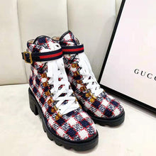 Load image into Gallery viewer, Gucci Women Gucci Zumi GG Check Tweed Ankle Boot in Blue White and Red
