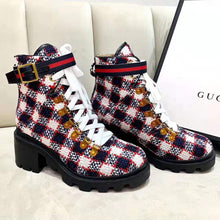 Load image into Gallery viewer, Gucci Women Gucci Zumi GG Check Tweed Ankle Boot in Blue White and Red