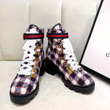 Load image into Gallery viewer, Gucci Women Gucci Zumi GG Check Tweed Ankle Boot in Blue White and Red