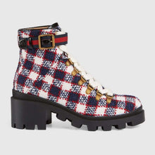 Load image into Gallery viewer, Gucci Women Gucci Zumi GG Check Tweed Ankle Boot in Blue White and Red