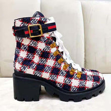 Load image into Gallery viewer, Gucci Women Gucci Zumi GG Check Tweed Ankle Boot in Blue White and Red