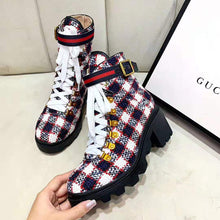 Load image into Gallery viewer, Gucci Women Gucci Zumi GG Check Tweed Ankle Boot in Blue White and Red