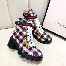 Load image into Gallery viewer, Gucci Women Gucci Zumi GG Check Tweed Ankle Boot in Blue White and Red