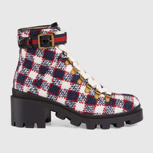 Load image into Gallery viewer, Gucci Women Gucci Zumi GG Check Tweed Ankle Boot in Blue White and Red