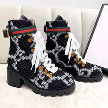 Load image into Gallery viewer, Gucci Women Gucci Zumi GG Tweed Ankle Boot in Black and White GG Tweed 10 cm Heel