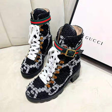 Load image into Gallery viewer, Gucci Women Gucci Zumi GG Tweed Ankle Boot in Black and White GG Tweed 10 cm Heel