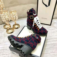 Load image into Gallery viewer, Gucci Women Gucci Zumi GG Wool Ankle Boot in Blue and Red GG Wool