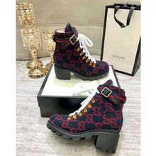 Load image into Gallery viewer, Gucci Women Gucci Zumi GG Wool Ankle Boot in Blue and Red GG Wool