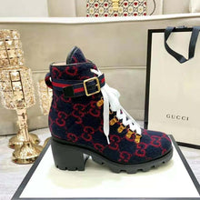 Load image into Gallery viewer, Gucci Women Gucci Zumi GG Wool Ankle Boot in Blue and Red GG Wool