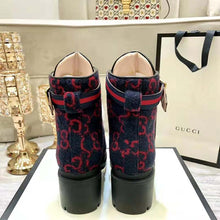 Load image into Gallery viewer, Gucci Women Gucci Zumi GG Wool Ankle Boot in Blue and Red GG Wool