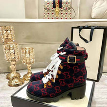 Load image into Gallery viewer, Gucci Women Gucci Zumi GG Wool Ankle Boot in Blue and Red GG Wool