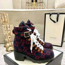 Load image into Gallery viewer, Gucci Women Gucci Zumi GG Wool Ankle Boot in Blue and Red GG Wool