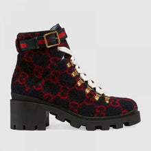 Load image into Gallery viewer, Gucci Women Gucci Zumi GG Wool Ankle Boot in Blue and Red GG Wool