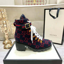 Load image into Gallery viewer, Gucci Women Gucci Zumi GG Wool Ankle Boot in Blue and Red GG Wool